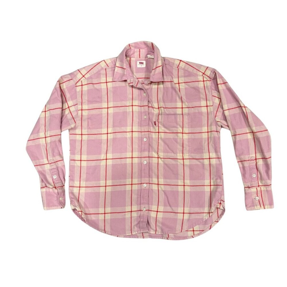 Levi's Women's Pink Plaid Flannel Shirt 100% Cotton Long Sleeve Button-Up